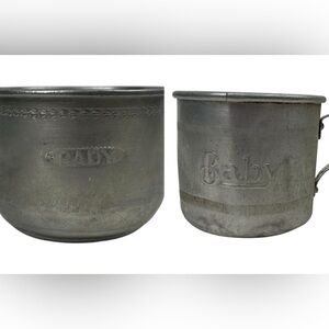 2 Vintage Embossed Pressed Metal Aluminum BABY Child Cups Mugs Primitive Rustic